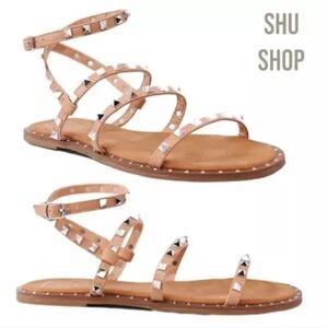 NEW Shu Shop Bimba 8.5 Nude Tan Studded Gladiator Ankle Strap Wrap Sandals $78